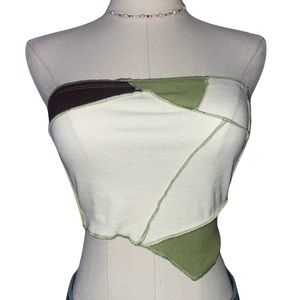 Brown and green patchwork cropped tube top